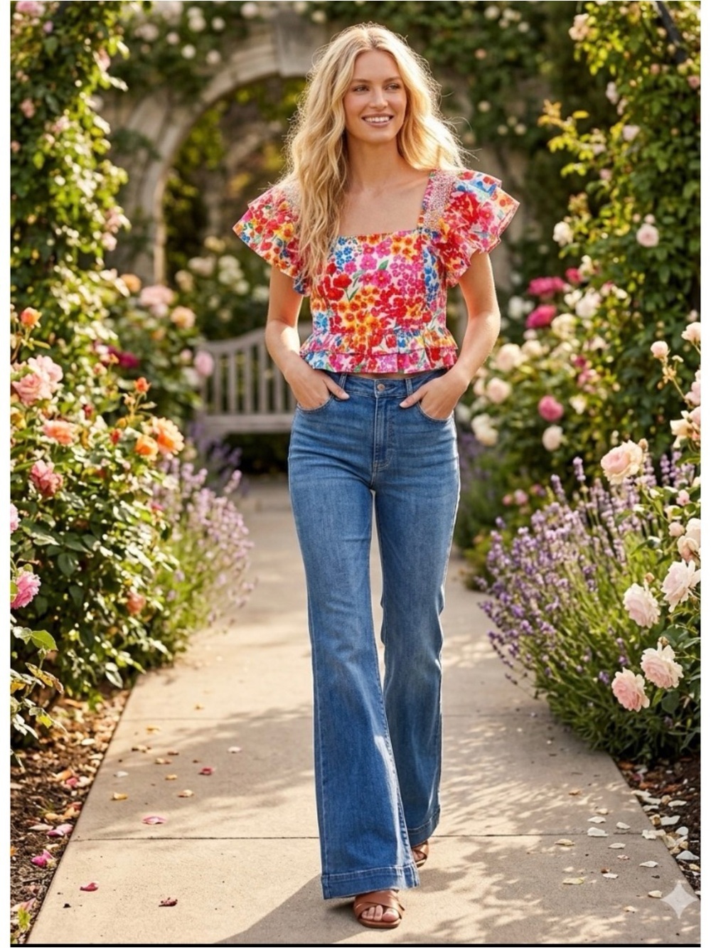 Buddy Love Boho Smocked Vibrant Floral Flutter Sleeve Crop Babydoll Top Y2K S